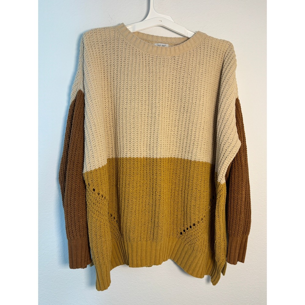 True Craft Colorblock Chunky Knit Sweater 3X Cream Mustard Brown Pullover‎